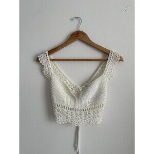 Windsor Women’s Ivory Crochet Crop Top V-Neck Lace-Up Back Boho Festival